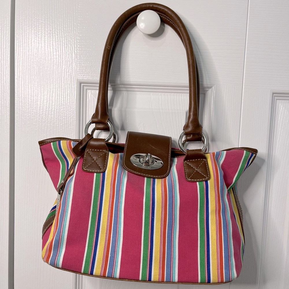 CHAPS FABRIC COLORFUL STRIPED PURSE WITH BROWN LEATHER